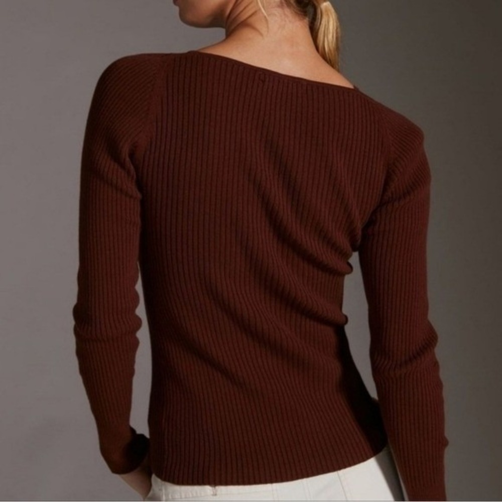 Anthropologie NEW Brown Cocoa Ribbed Cut-out Sweater 2fer Top Shirt SZ Large Y2K - Picture 5 of 10